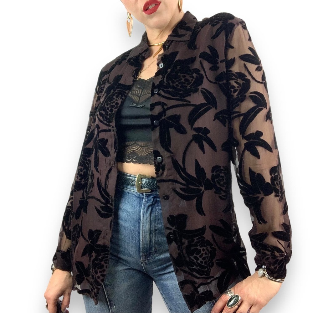 90's brown silk button down blouse with black velvet roses and sheer sleeves - Picture 4 of 16